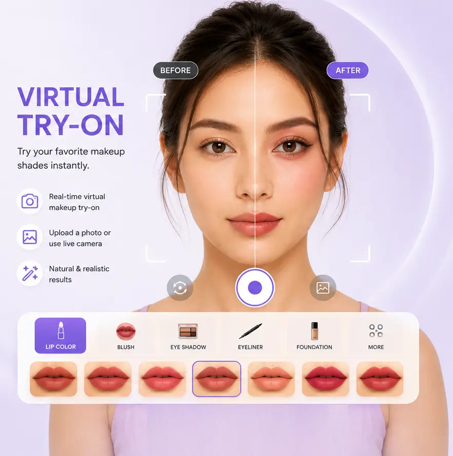 Pengalaman Virtual Try-On makeup NERBI melalui browser